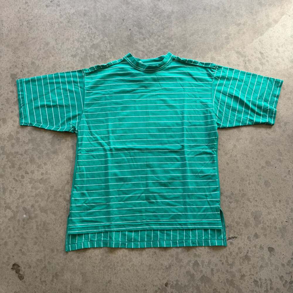 Vintage Unionbay Green and White Striped Mock Neck T-Shirt Size Large